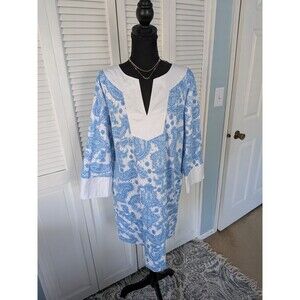 Lilly & Van Dress Women's XL Blue Paisley White Trim Pockets Resort Wear Coastal